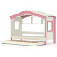 DOLCE NIDO childrens bed, play bed, youth bed, playhouse, solid pine, white/pink, with shelf and pull-out bed