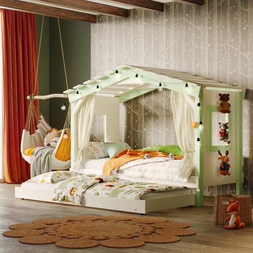DOLCE NIDO lit enfant, lit de jeu, lit adolescent, maisonnette de jeu, pin massif, blanc/vert, sans étagère, avec lit gigogne