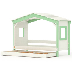 DOLCE NIDO lit enfant, lit de jeu, lit adolescent, maisonnette de jeu, pin massif, blanc/vert, sans étagère, avec lit gigogne