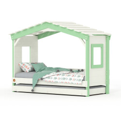 DOLCE NIDO lit enfant, lit de jeu, lit adolescent, maisonnette de jeu, pin massif, blanc/vert, sans étagère, avec lit gigogne