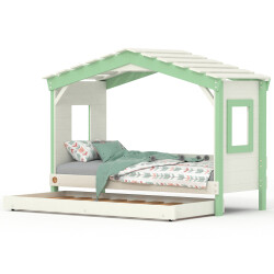 DOLCE NIDO lit enfant, lit de jeu, lit adolescent, maisonnette de jeu, pin massif, blanc/vert, sans étagère, avec lit gigogne