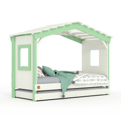 DOLCE NIDO lit enfant, lit de jeu, lit adolescent, maisonnette de jeu, pin massif, blanc/vert, sans étagère, avec lit gigogne