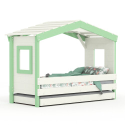 DOLCE NIDO lit enfant, lit de jeu, lit adolescent, maisonnette de jeu, pin massif, blanc/vert, sans étagère, avec lit gigogne
