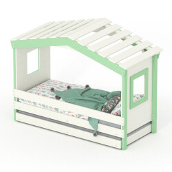 DOLCE NIDO lit enfant, lit de jeu, lit adolescent, maisonnette de jeu, pin massif, blanc/vert, sans étagère, avec lit gigogne