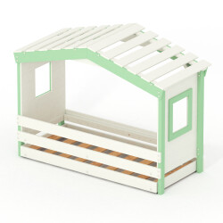 DOLCE NIDO lit enfant, lit de jeu, lit adolescent, maisonnette de jeu, pin massif, blanc/vert, sans étagère, avec lit gigogne