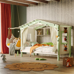 Hausbett DOLCE NIDO in Weiß/Grün – Kinderbett und Jugendbett mit Regal