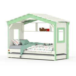DOLCE NIDO lit enfant, lit de jeu, lit adolescent, maisonnette de jeu, pin massif, blanc/vert, avec étagère et lit gigogne