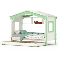DOLCE NIDO lit enfant, lit de jeu, lit adolescent, maisonnette de jeu, pin massif, blanc/vert, avec étagère et lit gigogne