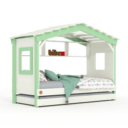 DOLCE NIDO lit enfant, lit de jeu, lit adolescent, maisonnette de jeu, pin massif, blanc/vert, avec étagère et lit gigogne