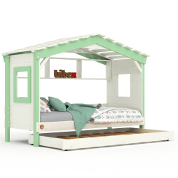 DOLCE NIDO lit enfant, lit de jeu, lit adolescent, maisonnette de jeu, pin massif, blanc/vert, avec étagère et lit gigogne