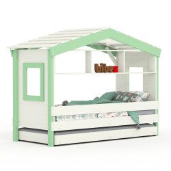 DOLCE NIDO lit enfant, lit de jeu, lit adolescent, maisonnette de jeu, pin massif, blanc/vert, avec étagère et lit gigogne