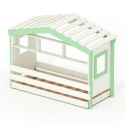 DOLCE NIDO lit enfant, lit de jeu, lit adolescent, maisonnette de jeu, pin massif, blanc/vert, avec étagère et lit gigogne