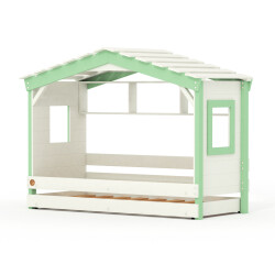 DOLCE NIDO lit enfant, lit de jeu, lit adolescent, maisonnette de jeu, pin massif, blanc/vert, avec étagère et lit gigogne