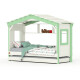 DOLCE NIDO lit enfant, lit de jeu, lit adolescent, maisonnette de jeu, pin massif, blanc/vert, avec étagère et lit gigogne