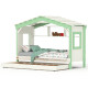 DOLCE NIDO lit enfant, lit de jeu, lit adolescent, maisonnette de jeu, pin massif, blanc/vert, avec étagère et lit gigogne
