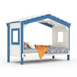 DOLCE NIDO Kinderbett, Spielbett, Jugendbett, Spielhaus, massive Kiefer, Weiss/Blau ohne Regal ohne Ausziehbett