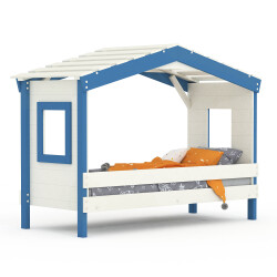 DOLCE NIDO Kinderbett, Spielbett, Jugendbett, Spielhaus, massive Kiefer, Weiss/Blau ohne Regal ohne Ausziehbett
