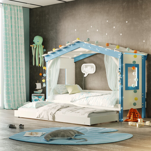 DOLCE NIDO letto per bambini, letto da gioco, letto per ragazzi, casetta da gioco, pino massiccio, bianco/blu senza scaffale con letto estraibile