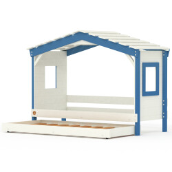 DOLCE NIDO letto per bambini, letto da gioco, letto per ragazzi, casetta da gioco, pino massiccio, bianco/blu senza scaffale con letto estraibile