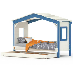 DOLCE NIDO letto per bambini, letto da gioco, letto per ragazzi, casetta da gioco, pino massiccio, bianco/blu senza scaffale con letto estraibile