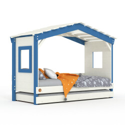 DOLCE NIDO letto per bambini, letto da gioco, letto per ragazzi, casetta da gioco, pino massiccio, bianco/blu senza scaffale con letto estraibile