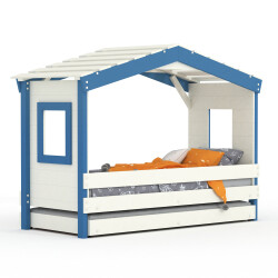 DOLCE NIDO letto per bambini, letto da gioco, letto per ragazzi, casetta da gioco, pino massiccio, bianco/blu senza scaffale con letto estraibile