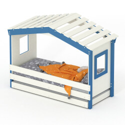 DOLCE NIDO letto per bambini, letto da gioco, letto per ragazzi, casetta da gioco, pino massiccio, bianco/blu senza scaffale con letto estraibile