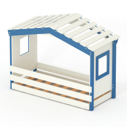 DOLCE NIDO letto per bambini, letto da gioco, letto per ragazzi, casetta da gioco, pino massiccio, bianco/blu senza scaffale con letto estraibile