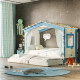 DOLCE NIDO letto per bambini, letto da gioco, letto per ragazzi, casetta da gioco, pino massiccio, bianco/blu senza scaffale con letto estraibile