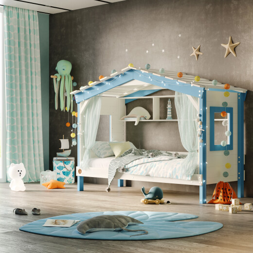 DOLCE NIDO childrens bed, play bed, youth bed, playhouse, solid pine, white/blue without shelf with pull-out bed