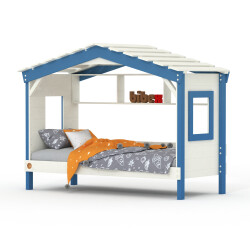 DOLCE NIDO childrens bed, play bed, youth bed, playhouse, solid pine, white/blue without shelf with pull-out bed