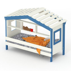 DOLCE NIDO childrens bed, play bed, youth bed, playhouse, solid pine, white/blue without shelf with pull-out bed