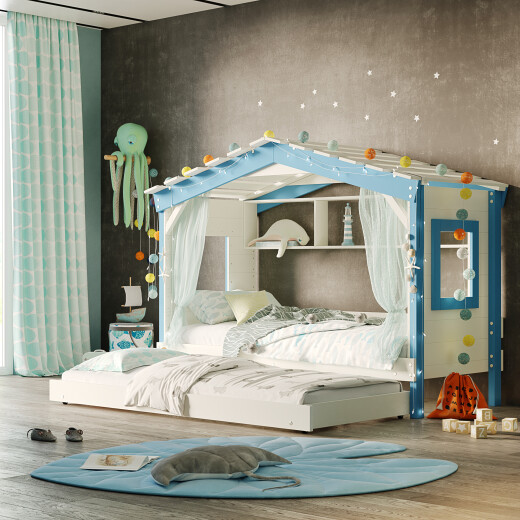 DOLCE NIDO childrens bed, play bed, youth bed, playhouse, solid pine, white/blue with shelf with pull-out bed