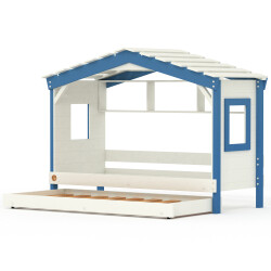 DOLCE NIDO childrens bed, play bed, youth bed, playhouse, solid pine, white/blue with shelf with pull-out bed