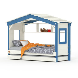 DOLCE NIDO childrens bed, play bed, youth bed, playhouse, solid pine, white/blue with shelf with pull-out bed