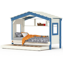 DOLCE NIDO childrens bed, play bed, youth bed, playhouse, solid pine, white/blue with shelf with pull-out bed