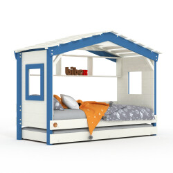 DOLCE NIDO childrens bed, play bed, youth bed, playhouse, solid pine, white/blue with shelf with pull-out bed