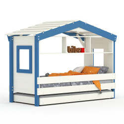 DOLCE NIDO childrens bed, play bed, youth bed, playhouse, solid pine, white/blue with shelf with pull-out bed