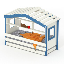 DOLCE NIDO childrens bed, play bed, youth bed, playhouse, solid pine, white/blue with shelf with pull-out bed