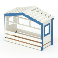 DOLCE NIDO childrens bed, play bed, youth bed, playhouse, solid pine, white/blue with shelf with pull-out bed
