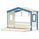 DOLCE NIDO childrens bed, play bed, youth bed, playhouse, solid pine, white/blue with shelf with pull-out bed