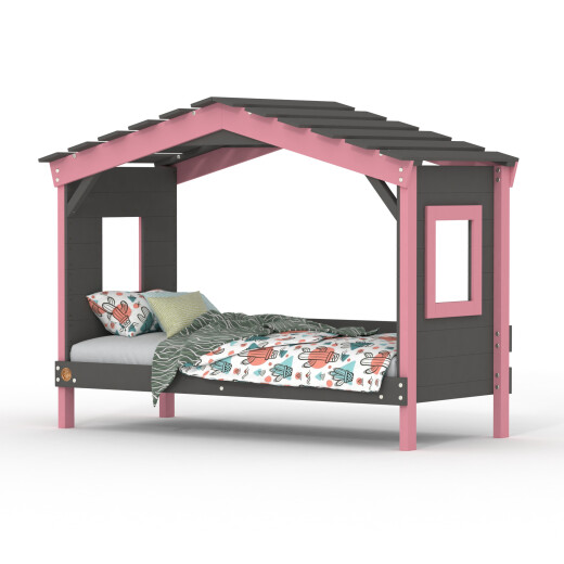 DOLCE NIDO lit enfant, lit de jeu, lit adolescent, maisonnette de jeu, pin massif, anthracite/rose sans étagère, sans lit gigogne