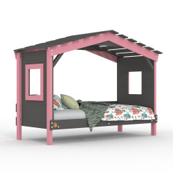 DOLCE NIDO lit enfant, lit de jeu, lit adolescent, maisonnette de jeu, pin massif, anthracite/rose sans étagère, sans lit gigogne