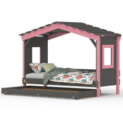 DOLCE NIDO lit enfant, lit de jeu, lit adolescent, maisonnette de jeu, pin massif, anthracite/rose sans étagère, avec lit gigogne