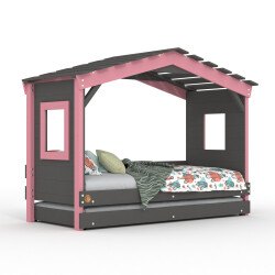 DOLCE NIDO lit enfant, lit de jeu, lit adolescent, maisonnette de jeu, pin massif, anthracite/rose sans étagère, avec lit gigogne