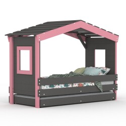 DOLCE NIDO lit enfant, lit de jeu, lit adolescent, maisonnette de jeu, pin massif, anthracite/rose sans étagère, avec lit gigogne