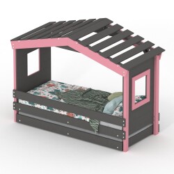 DOLCE NIDO lit enfant, lit de jeu, lit adolescent, maisonnette de jeu, pin massif, anthracite/rose sans étagère, avec lit gigogne