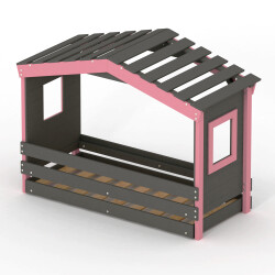 DOLCE NIDO lit enfant, lit de jeu, lit adolescent, maisonnette de jeu, pin massif, anthracite/rose sans étagère, avec lit gigogne