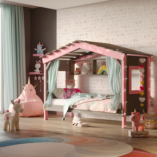 DOLCE NIDO Kinderbett, Spielbett, Jugendbett, Spielhaus, massive Kiefer, Anthrazit/Rosa mit Regal ohne Ausziehbett