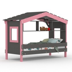 DOLCE NIDO Kinderbett, Spielbett, Jugendbett, Spielhaus, massive Kiefer, Anthrazit/Rosa mit Regal ohne Ausziehbett
